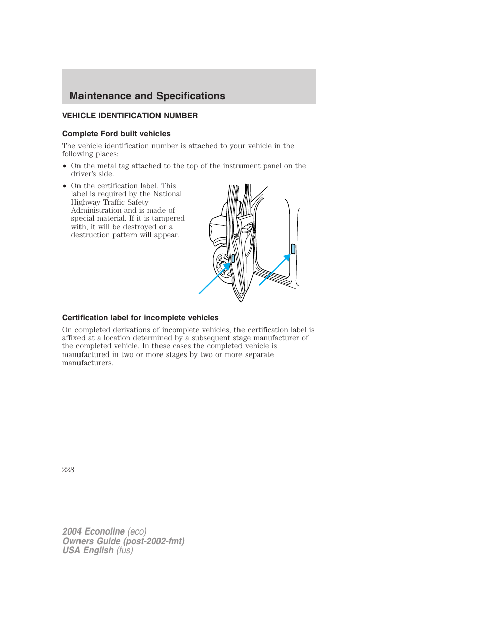 Maintenance and specifications | FORD 2004 E-450 v.1 User Manual | Page 228 / 240