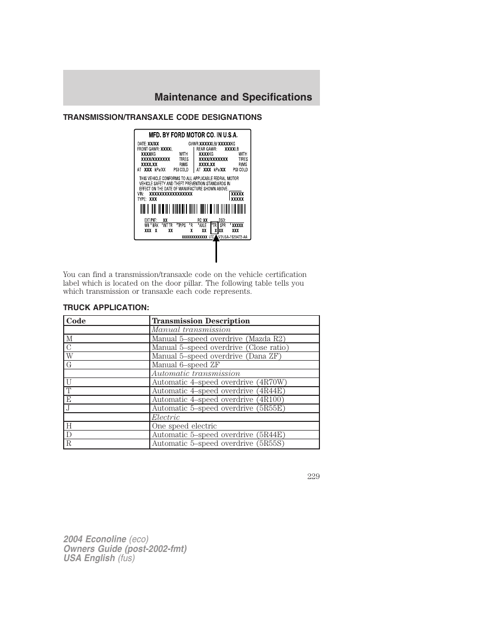 Maintenance and specifications | FORD 2004 E-450 v.1 User Manual | Page 229 / 240