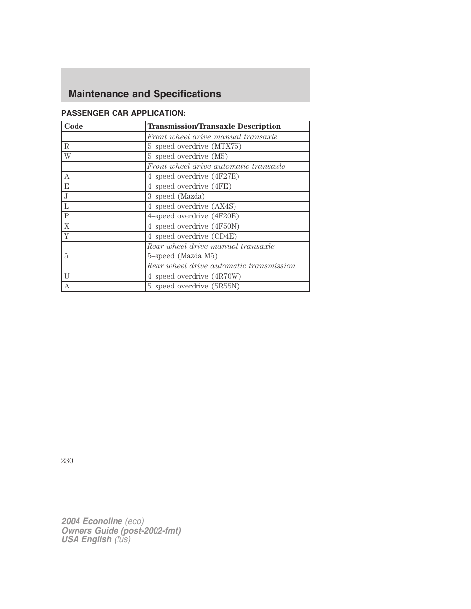 Maintenance and specifications | FORD 2004 E-450 v.1 User Manual | Page 230 / 240