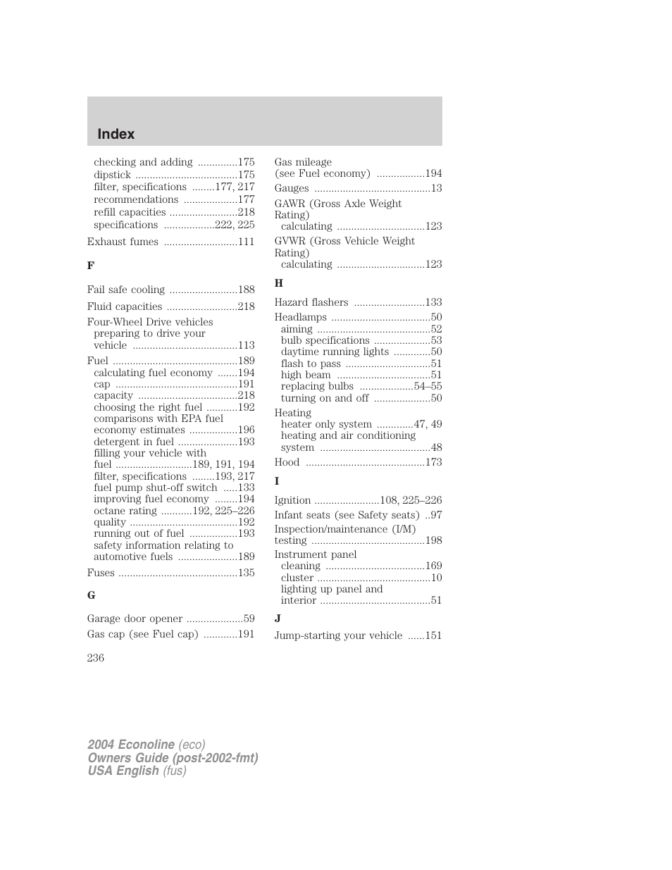 Index | FORD 2004 E-450 v.1 User Manual | Page 236 / 240