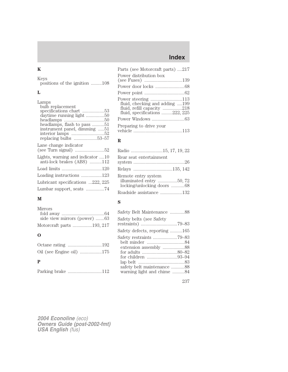 Index | FORD 2004 E-450 v.1 User Manual | Page 237 / 240