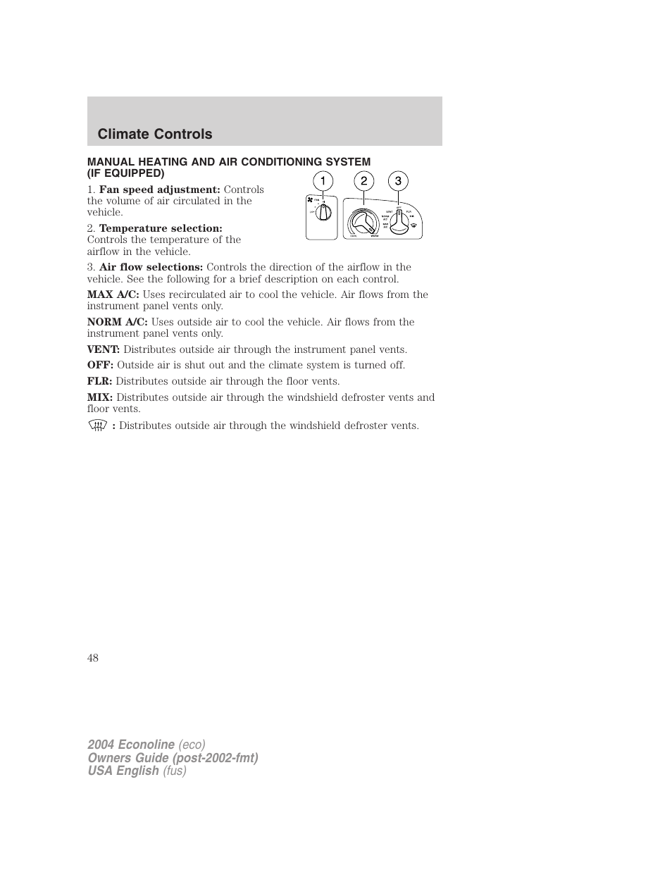 Climate controls | FORD 2004 E-450 v.1 User Manual | Page 48 / 240