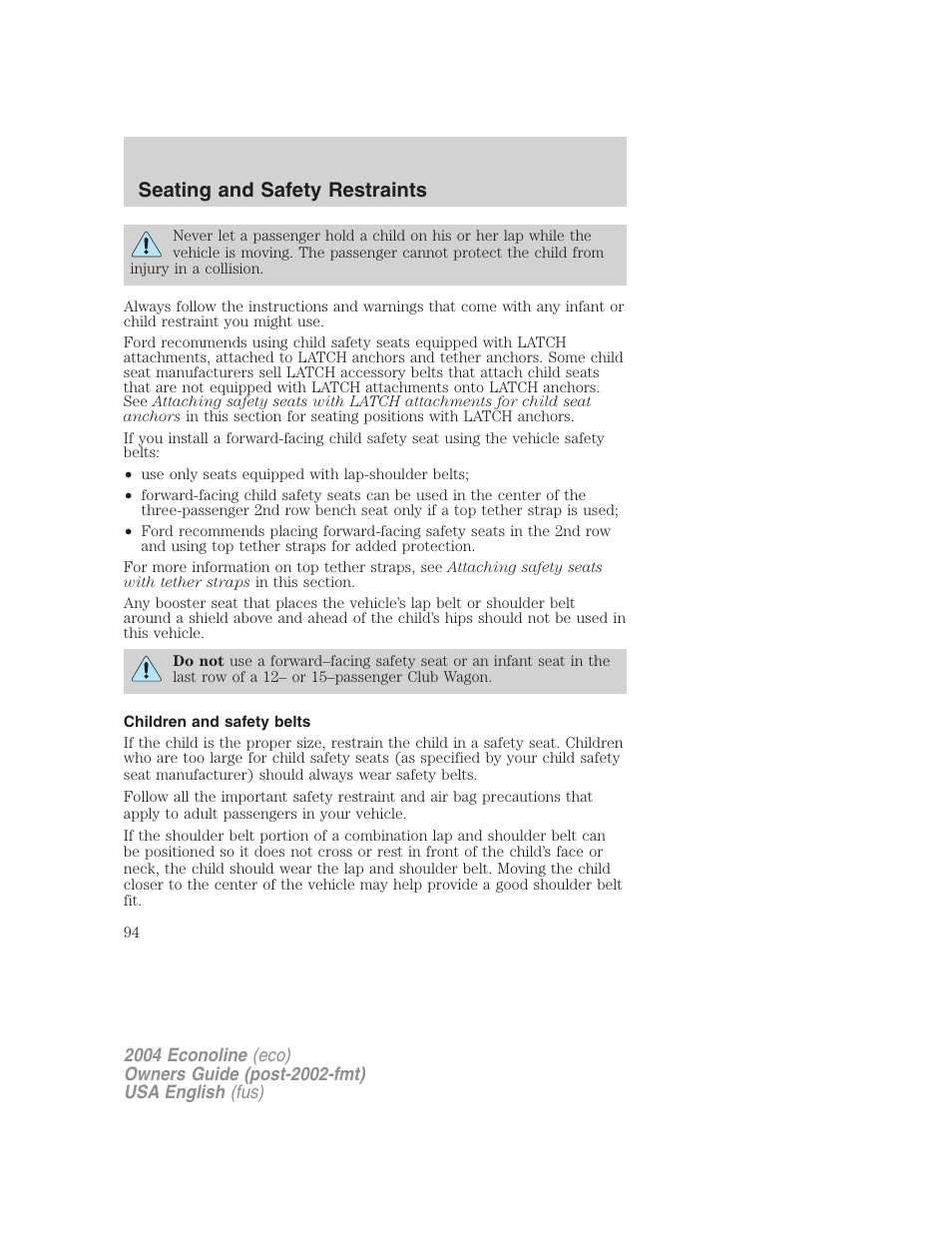 Seating and safety restraints | FORD 2004 E-450 v.1 User Manual | Page 94 / 240