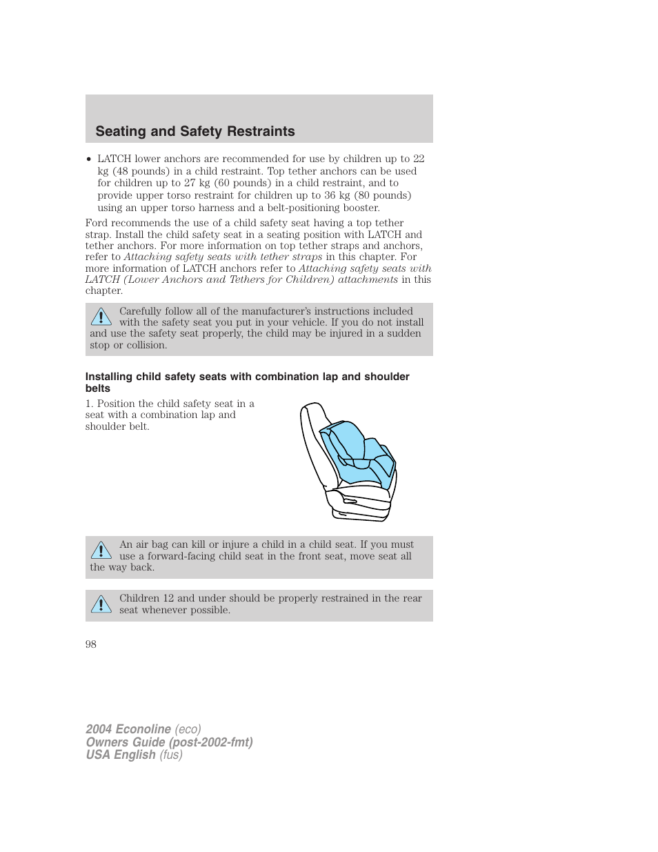 Seating and safety restraints | FORD 2004 E-450 v.1 User Manual | Page 98 / 240