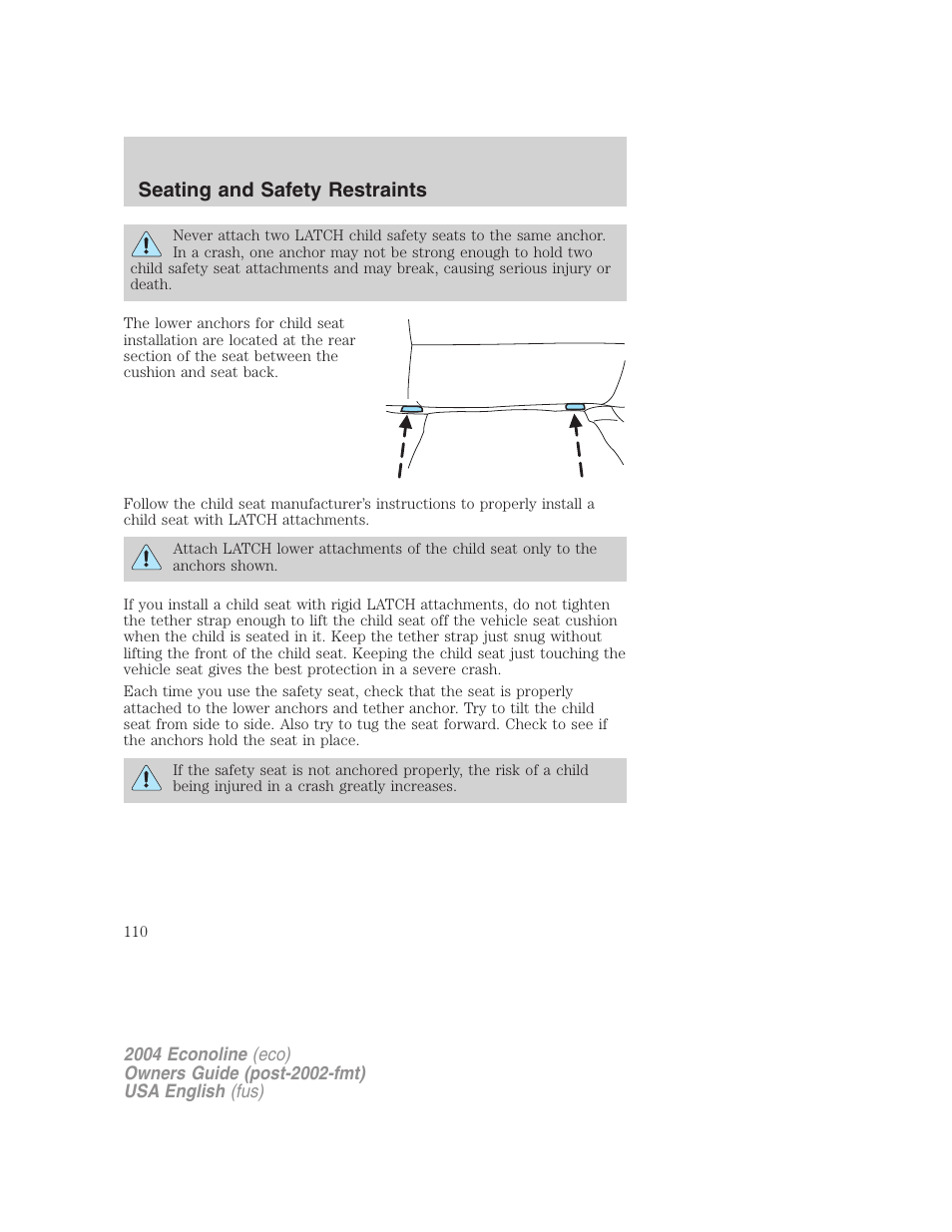 Seating and safety restraints | FORD 2004 E-450 v.2 User Manual | Page 110 / 248