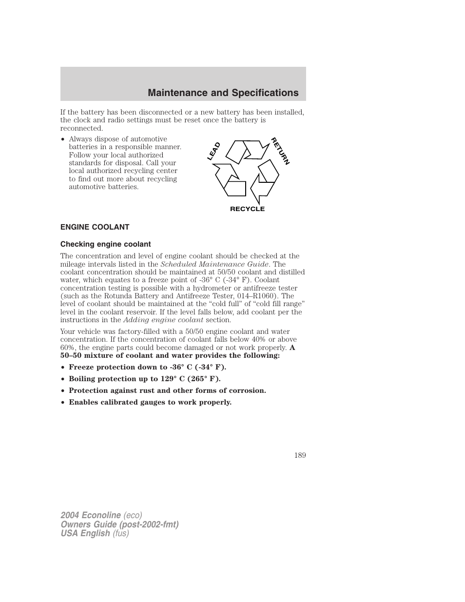 Maintenance and specifications | FORD 2004 E-450 v.2 User Manual | Page 189 / 248