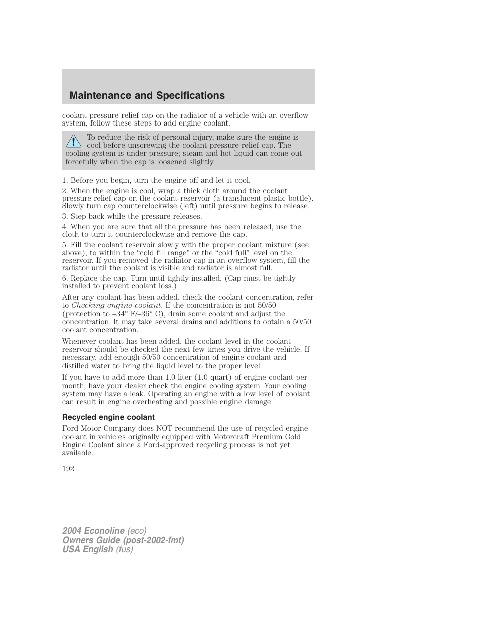 Maintenance and specifications | FORD 2004 E-450 v.2 User Manual | Page 192 / 248