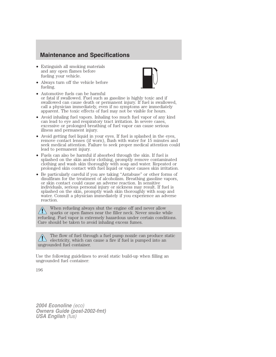 Maintenance and specifications | FORD 2004 E-450 v.2 User Manual | Page 196 / 248