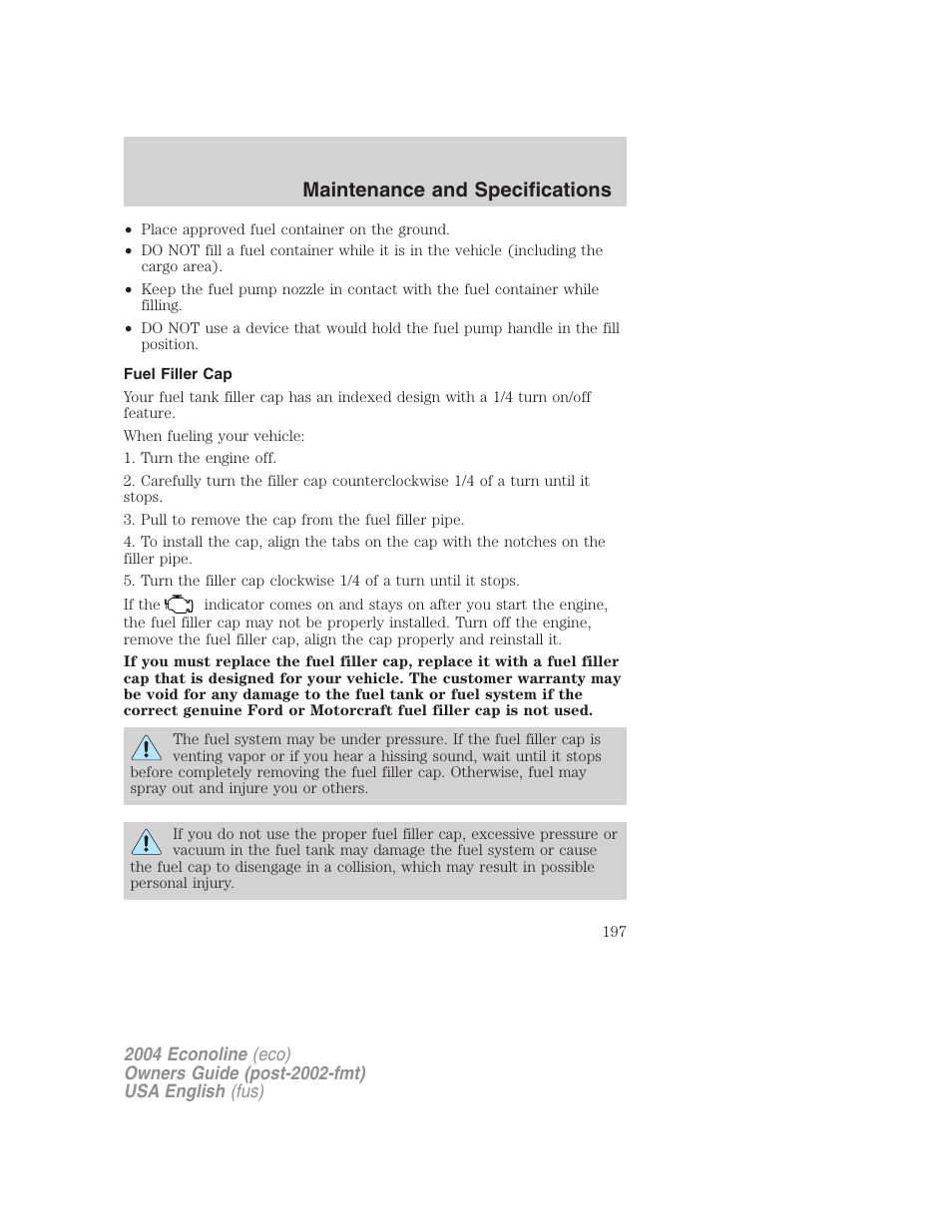 Maintenance and specifications | FORD 2004 E-450 v.2 User Manual | Page 197 / 248