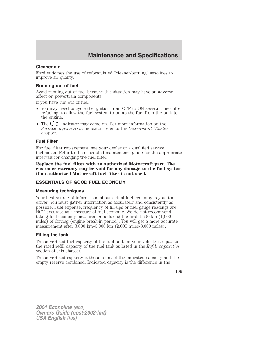 Maintenance and specifications | FORD 2004 E-450 v.2 User Manual | Page 199 / 248