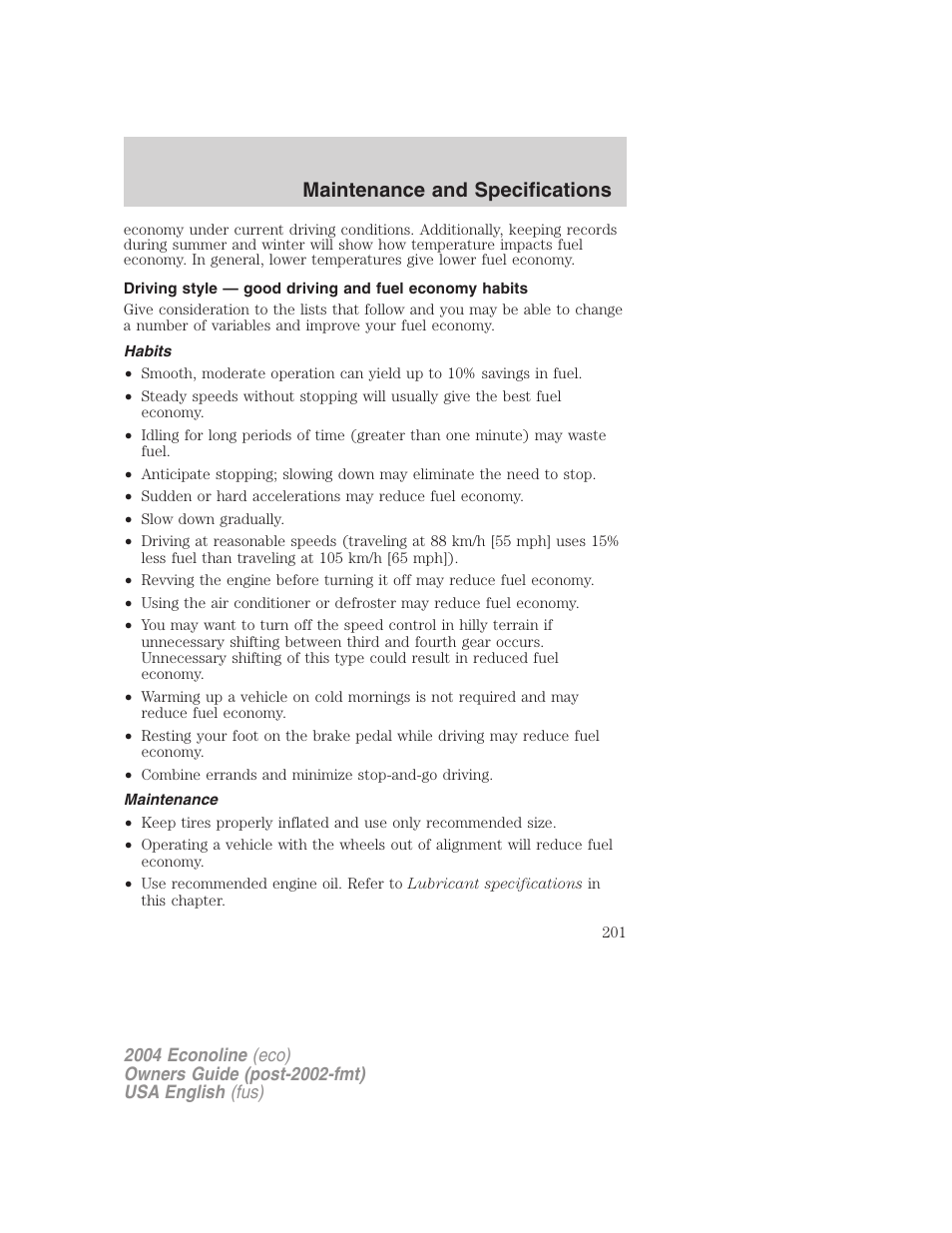 Maintenance and specifications | FORD 2004 E-450 v.2 User Manual | Page 201 / 248