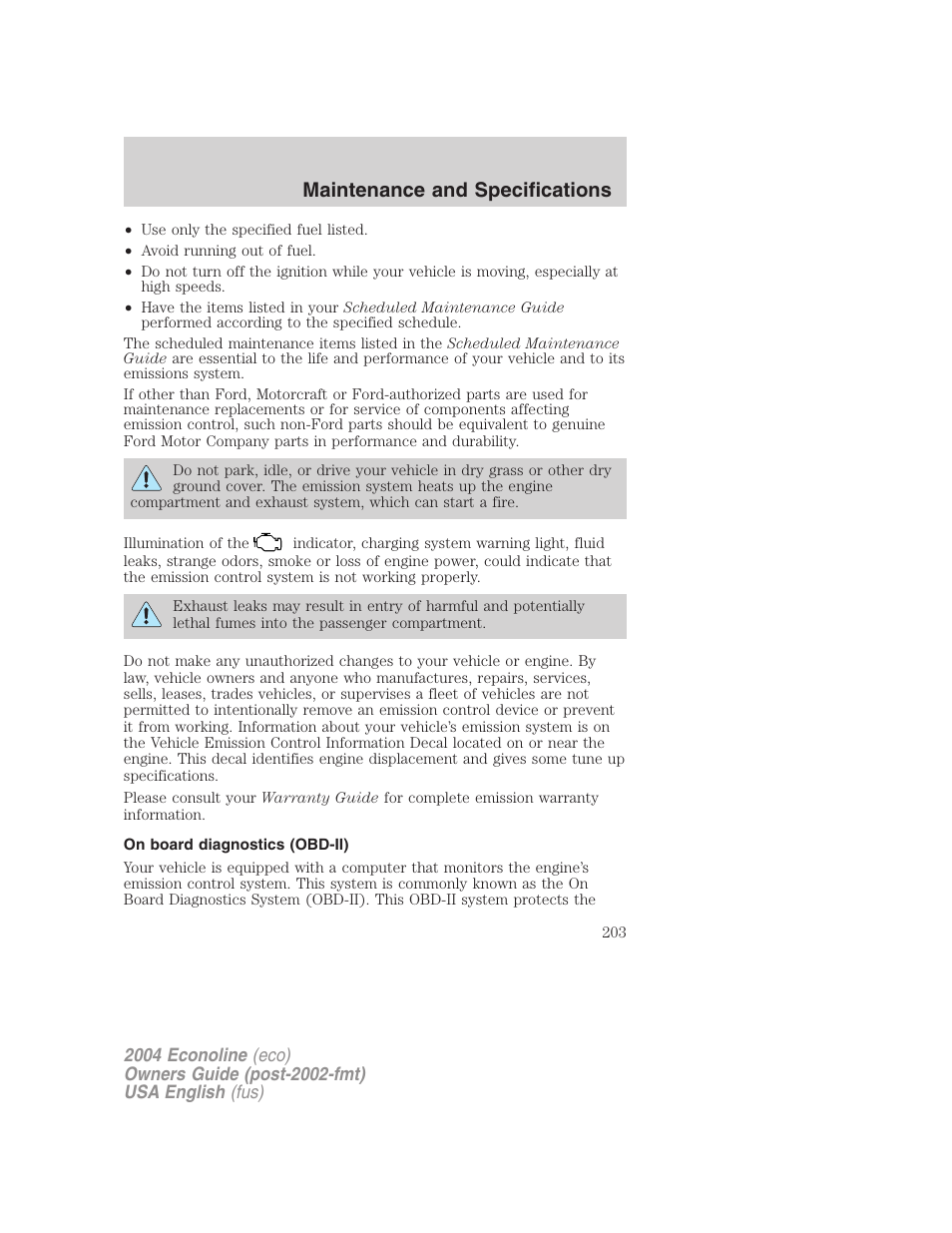 Maintenance and specifications | FORD 2004 E-450 v.2 User Manual | Page 203 / 248