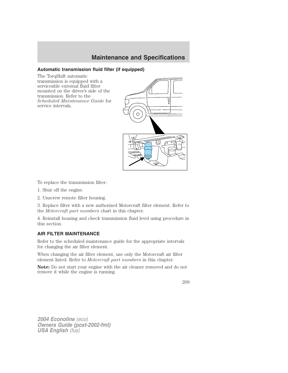 Maintenance and specifications | FORD 2004 E-450 v.2 User Manual | Page 209 / 248