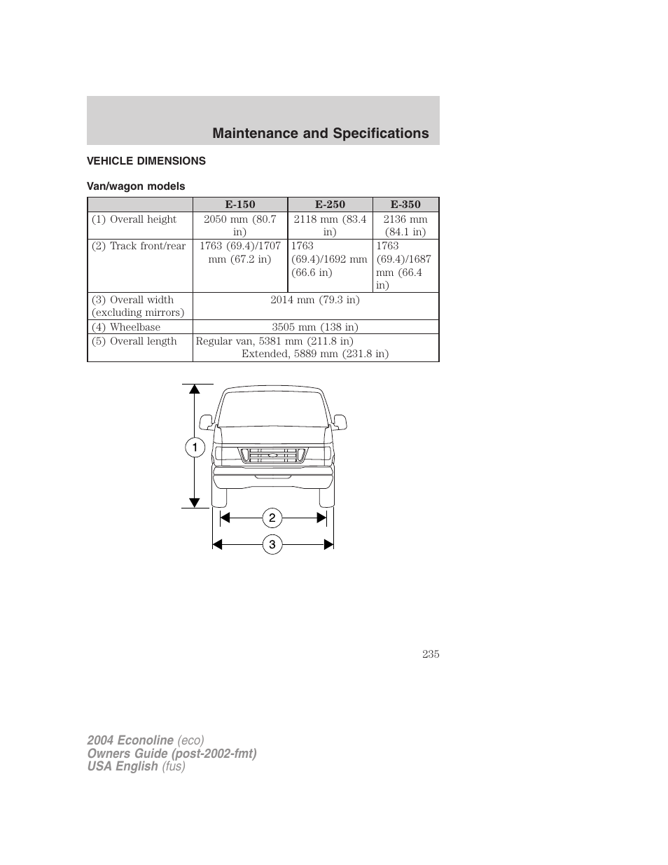 Maintenance and specifications | FORD 2004 E-450 v.2 User Manual | Page 235 / 248