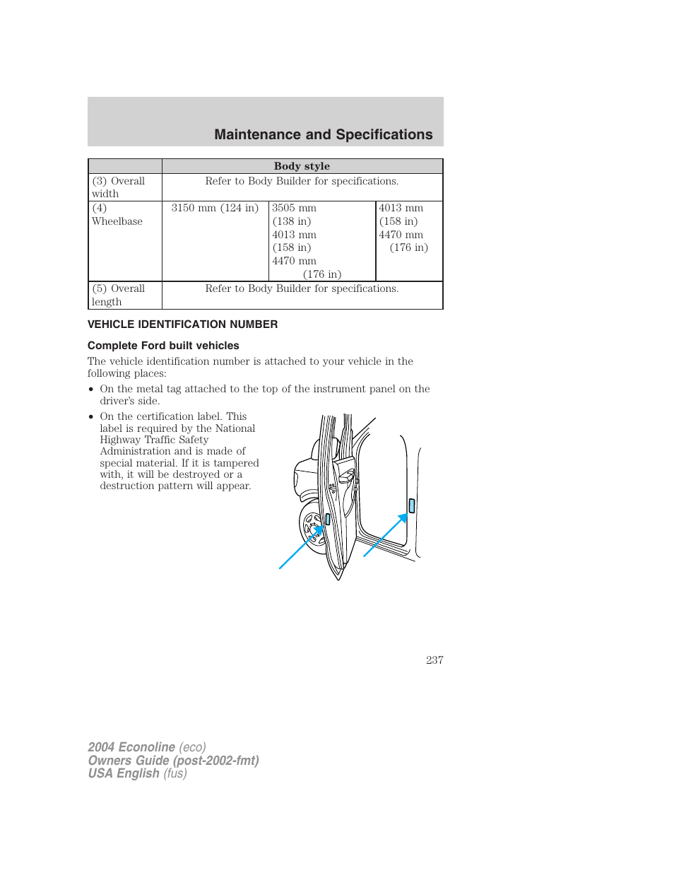 Maintenance and specifications | FORD 2004 E-450 v.2 User Manual | Page 237 / 248
