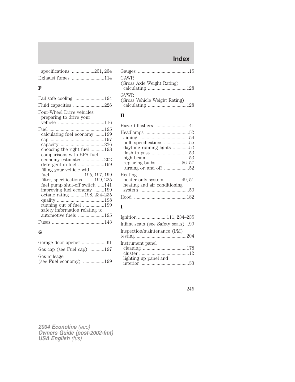 Index | FORD 2004 E-450 v.2 User Manual | Page 245 / 248