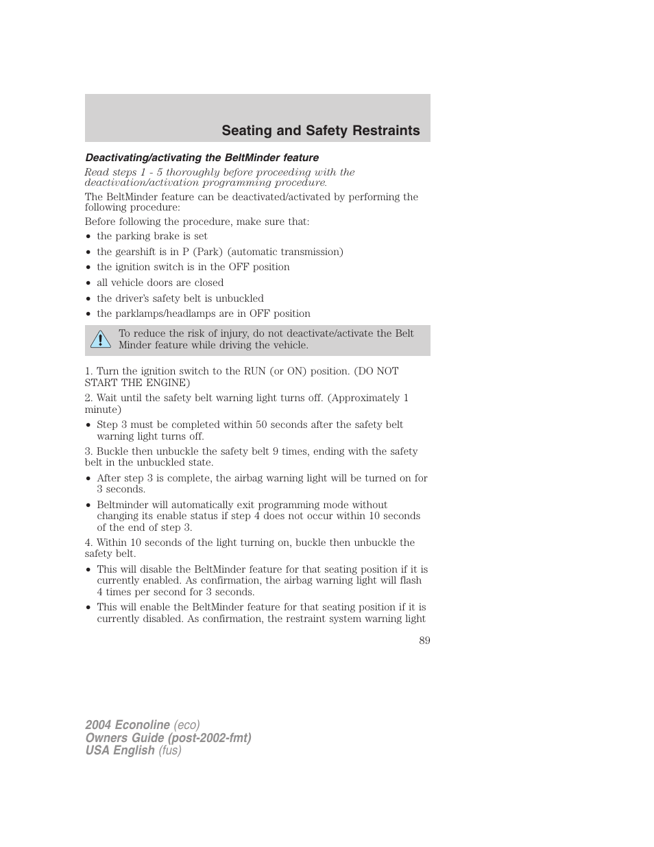 Seating and safety restraints | FORD 2004 E-450 v.2 User Manual | Page 89 / 248