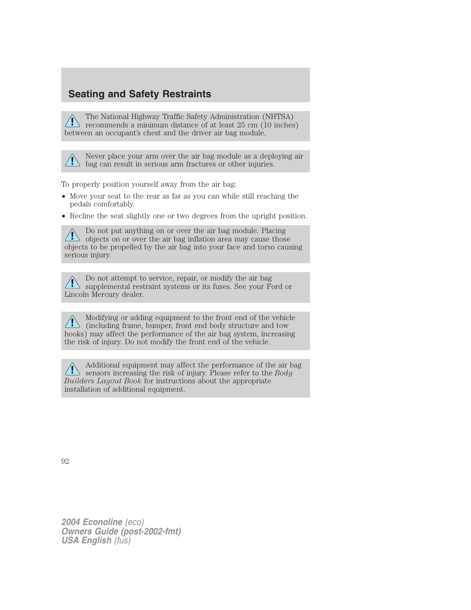 Seating and safety restraints | FORD 2004 E-450 v.2 User Manual | Page 92 / 248