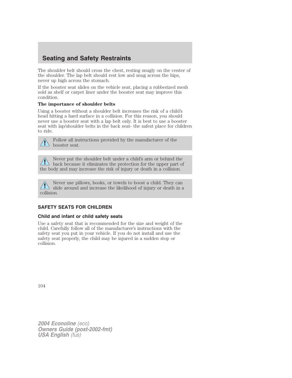 Seating and safety restraints | FORD 2004 E-450 v.3 User Manual | Page 104 / 256