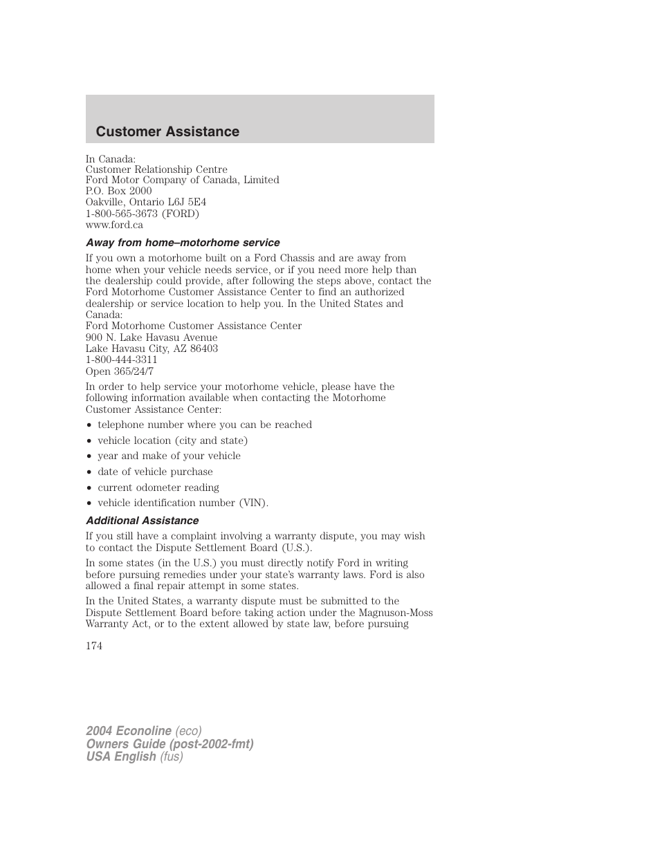 Customer assistance | FORD 2004 E-450 v.3 User Manual | Page 174 / 256