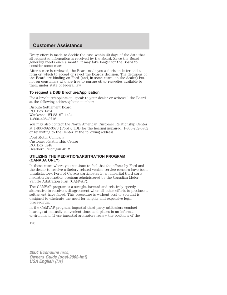 Customer assistance | FORD 2004 E-450 v.3 User Manual | Page 178 / 256