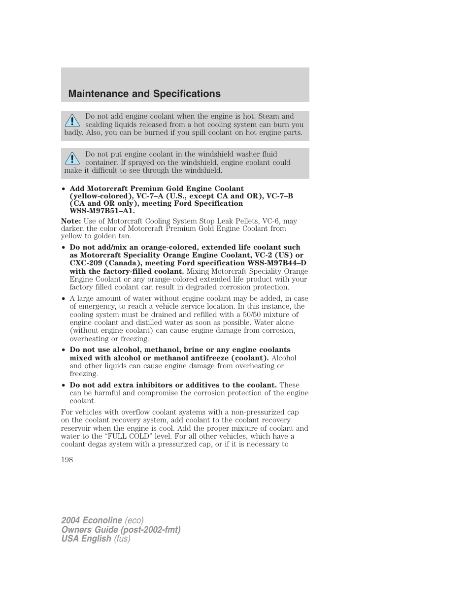 Maintenance and specifications | FORD 2004 E-450 v.3 User Manual | Page 198 / 256