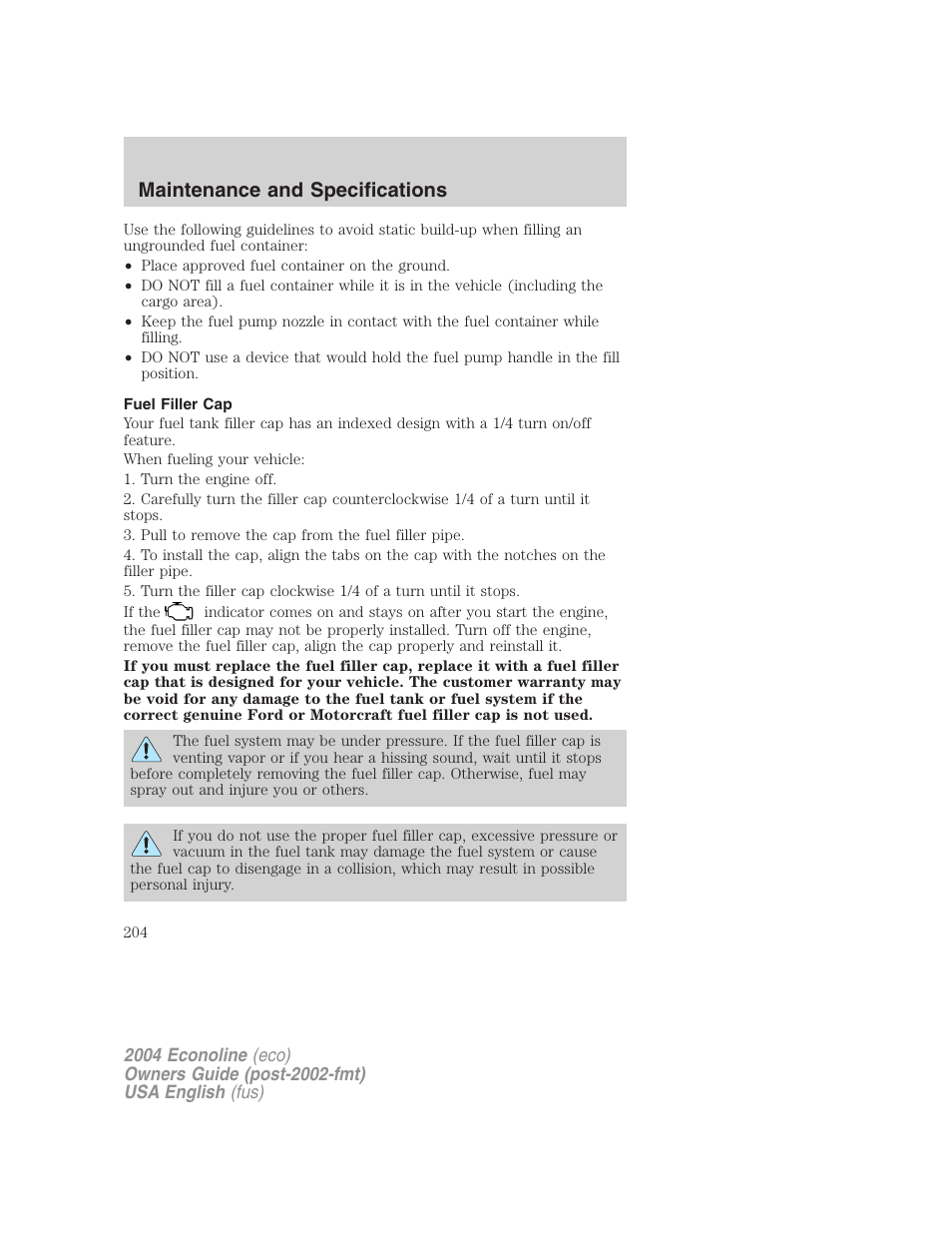 Maintenance and specifications | FORD 2004 E-450 v.3 User Manual | Page 204 / 256