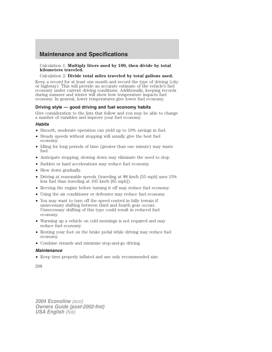 Maintenance and specifications | FORD 2004 E-450 v.3 User Manual | Page 208 / 256