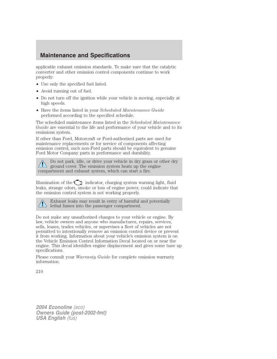 Maintenance and specifications | FORD 2004 E-450 v.3 User Manual | Page 210 / 256