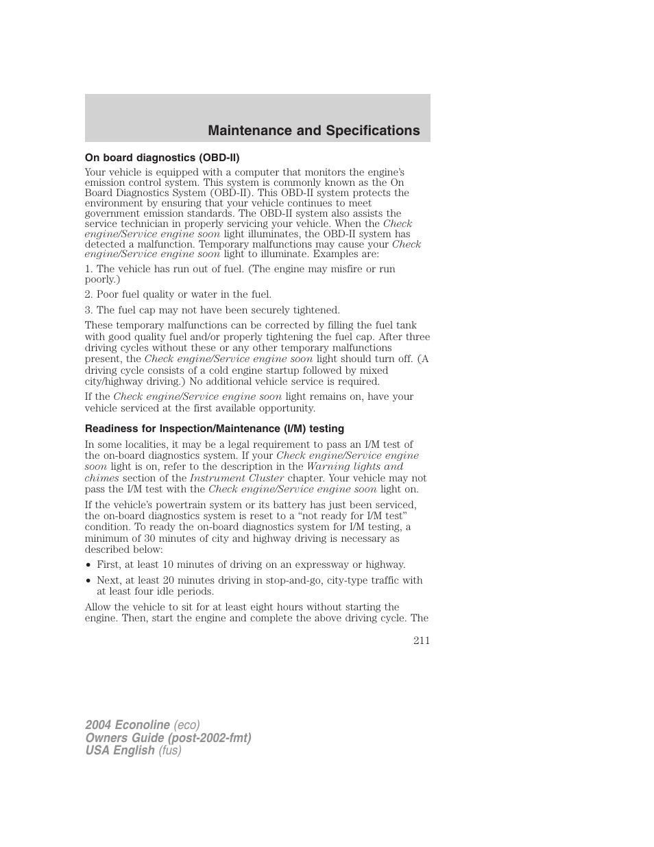 Maintenance and specifications | FORD 2004 E-450 v.3 User Manual | Page 211 / 256