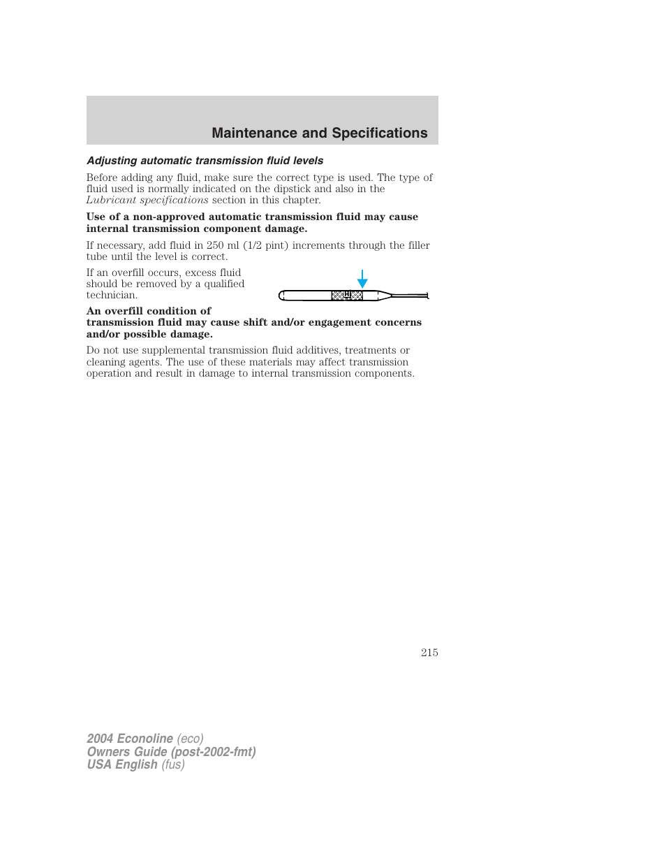 Maintenance and specifications | FORD 2004 E-450 v.3 User Manual | Page 215 / 256
