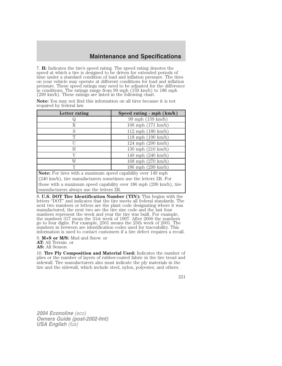 Maintenance and specifications | FORD 2004 E-450 v.3 User Manual | Page 221 / 256