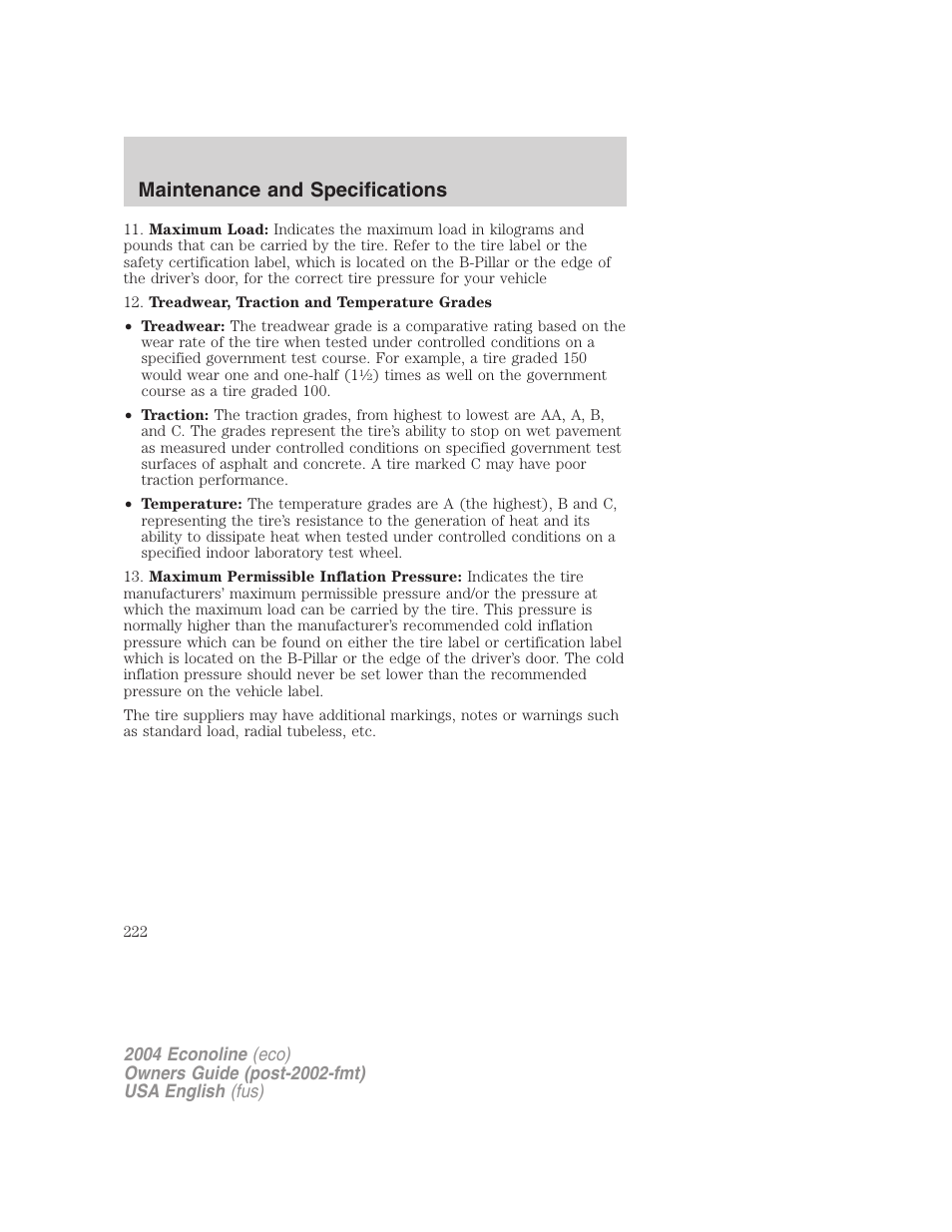 Maintenance and specifications | FORD 2004 E-450 v.3 User Manual | Page 222 / 256