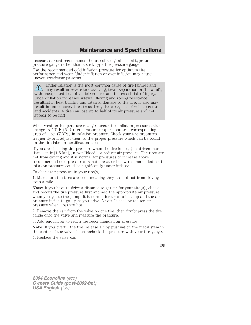 Maintenance and specifications | FORD 2004 E-450 v.3 User Manual | Page 225 / 256