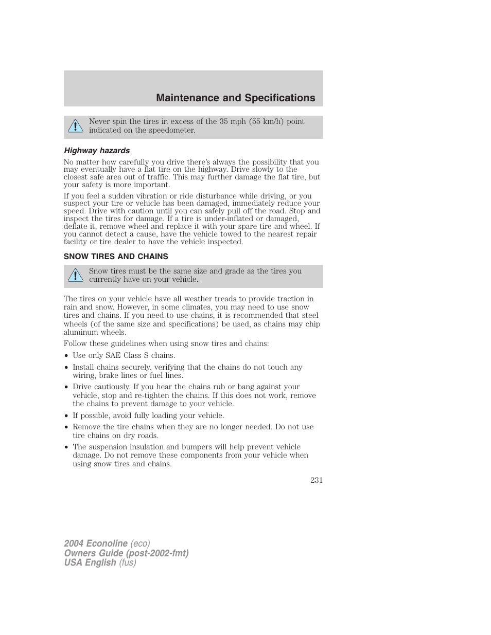 Maintenance and specifications | FORD 2004 E-450 v.3 User Manual | Page 231 / 256