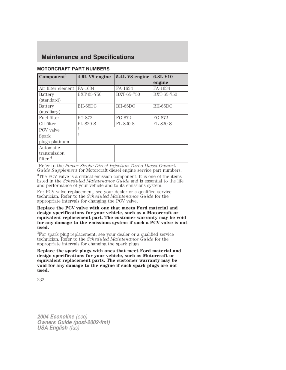 Maintenance and specifications | FORD 2004 E-450 v.3 User Manual | Page 232 / 256