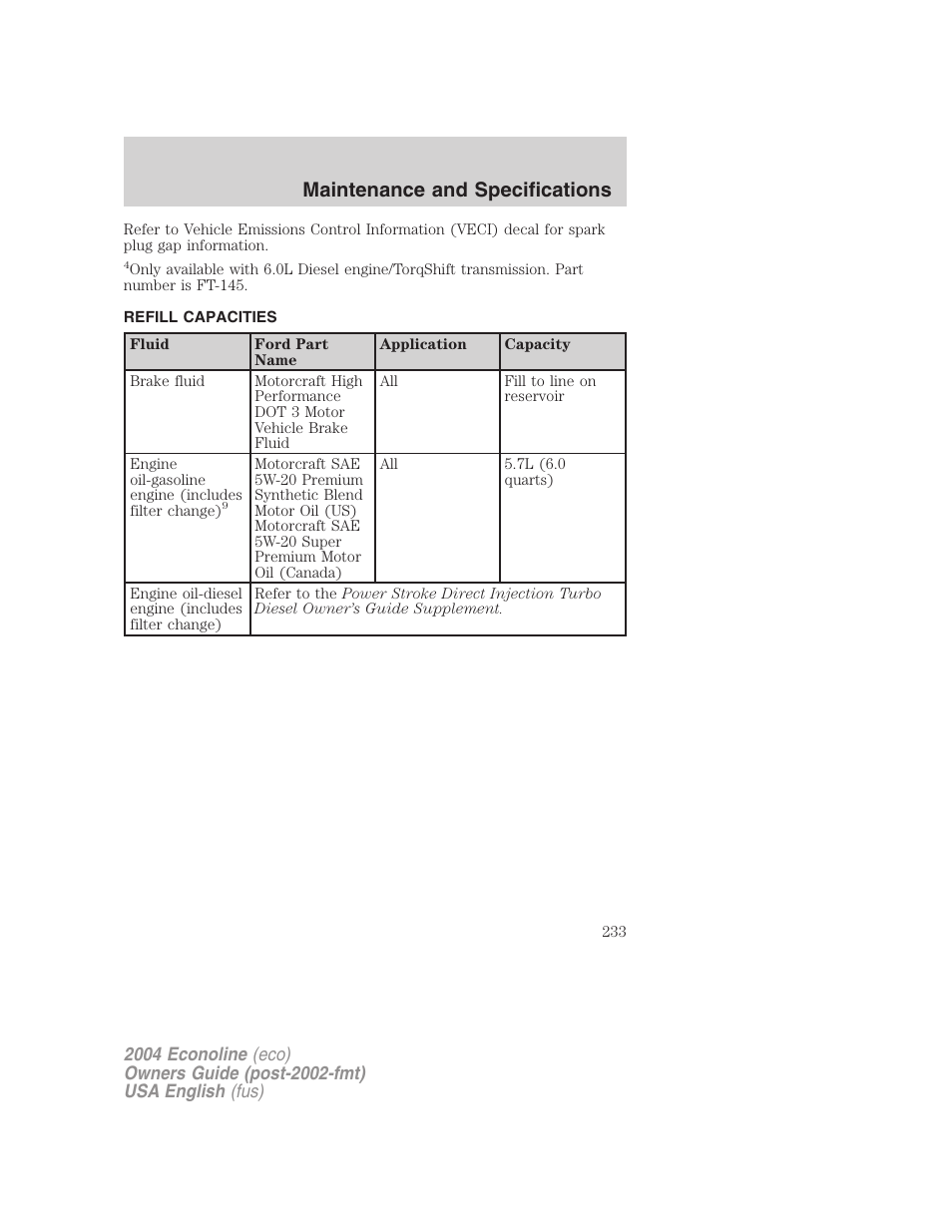 Maintenance and specifications | FORD 2004 E-450 v.3 User Manual | Page 233 / 256