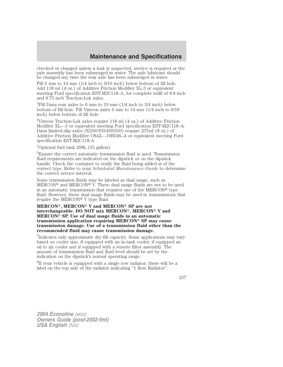 Maintenance and specifications | FORD 2004 E-450 v.3 User Manual | Page 237 / 256