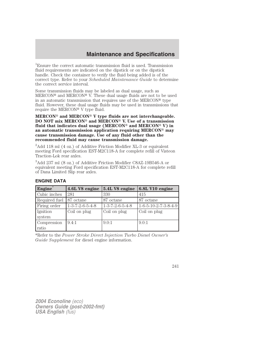 Maintenance and specifications | FORD 2004 E-450 v.3 User Manual | Page 241 / 256