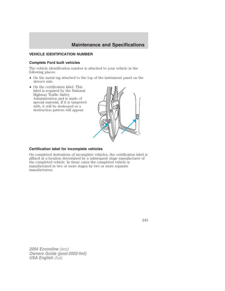Maintenance and specifications | FORD 2004 E-450 v.3 User Manual | Page 245 / 256