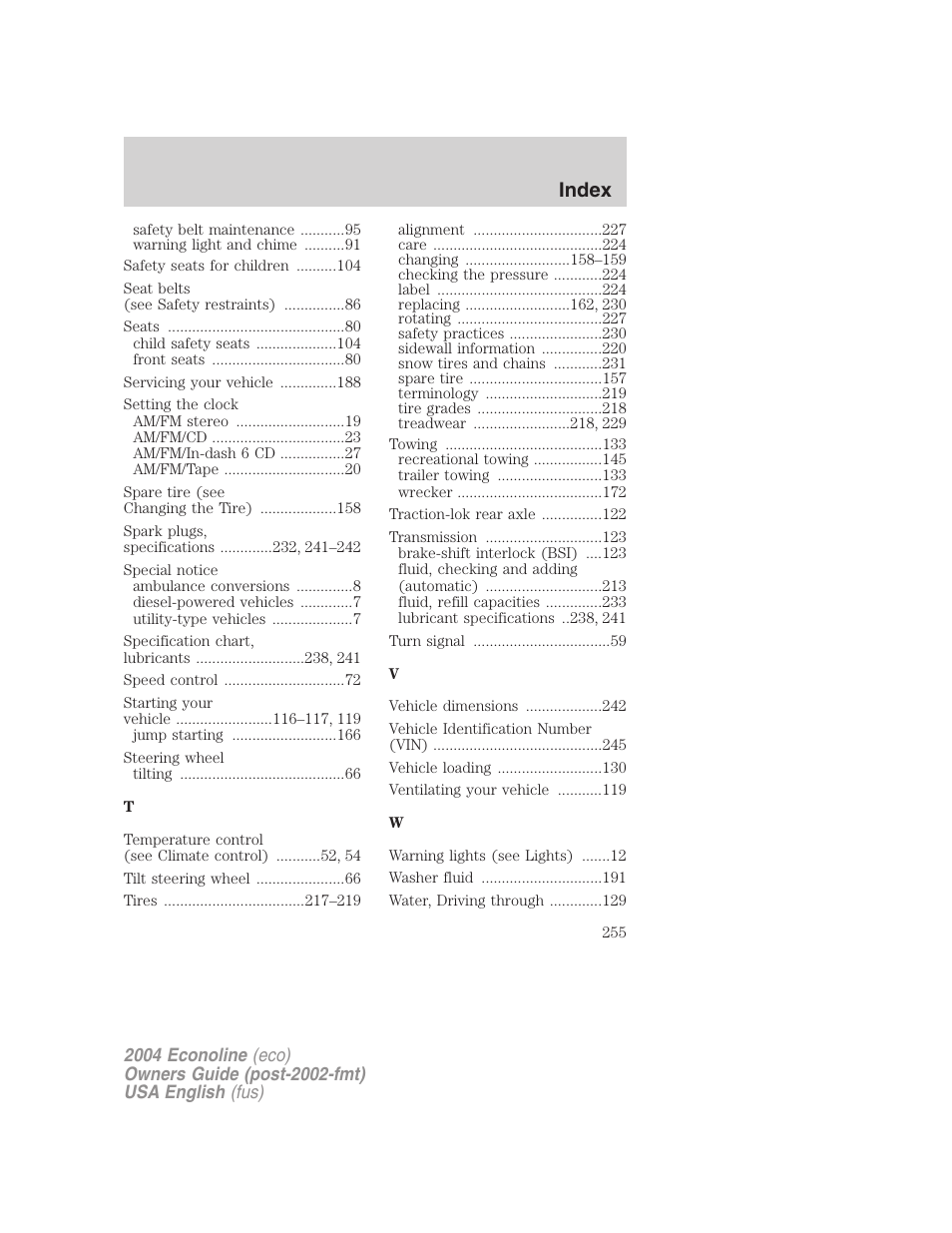 Index | FORD 2004 E-450 v.3 User Manual | Page 255 / 256