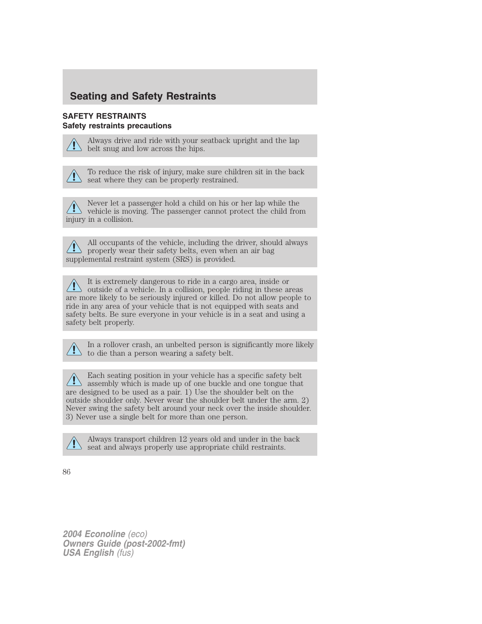 Seating and safety restraints | FORD 2004 E-450 v.3 User Manual | Page 86 / 256