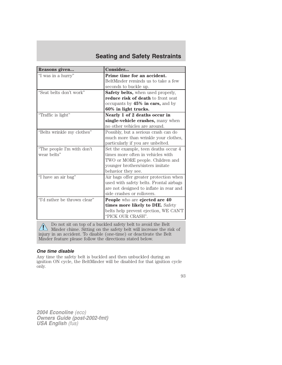 Seating and safety restraints | FORD 2004 E-450 v.3 User Manual | Page 93 / 256