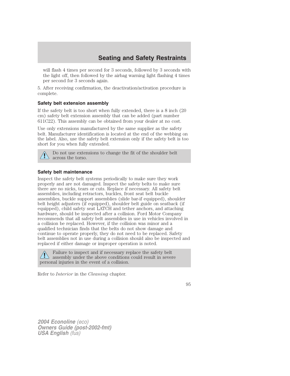 Seating and safety restraints | FORD 2004 E-450 v.3 User Manual | Page 95 / 256