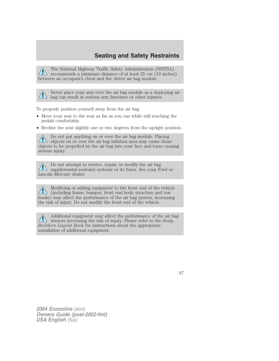 Seating and safety restraints | FORD 2004 E-450 v.3 User Manual | Page 97 / 256
