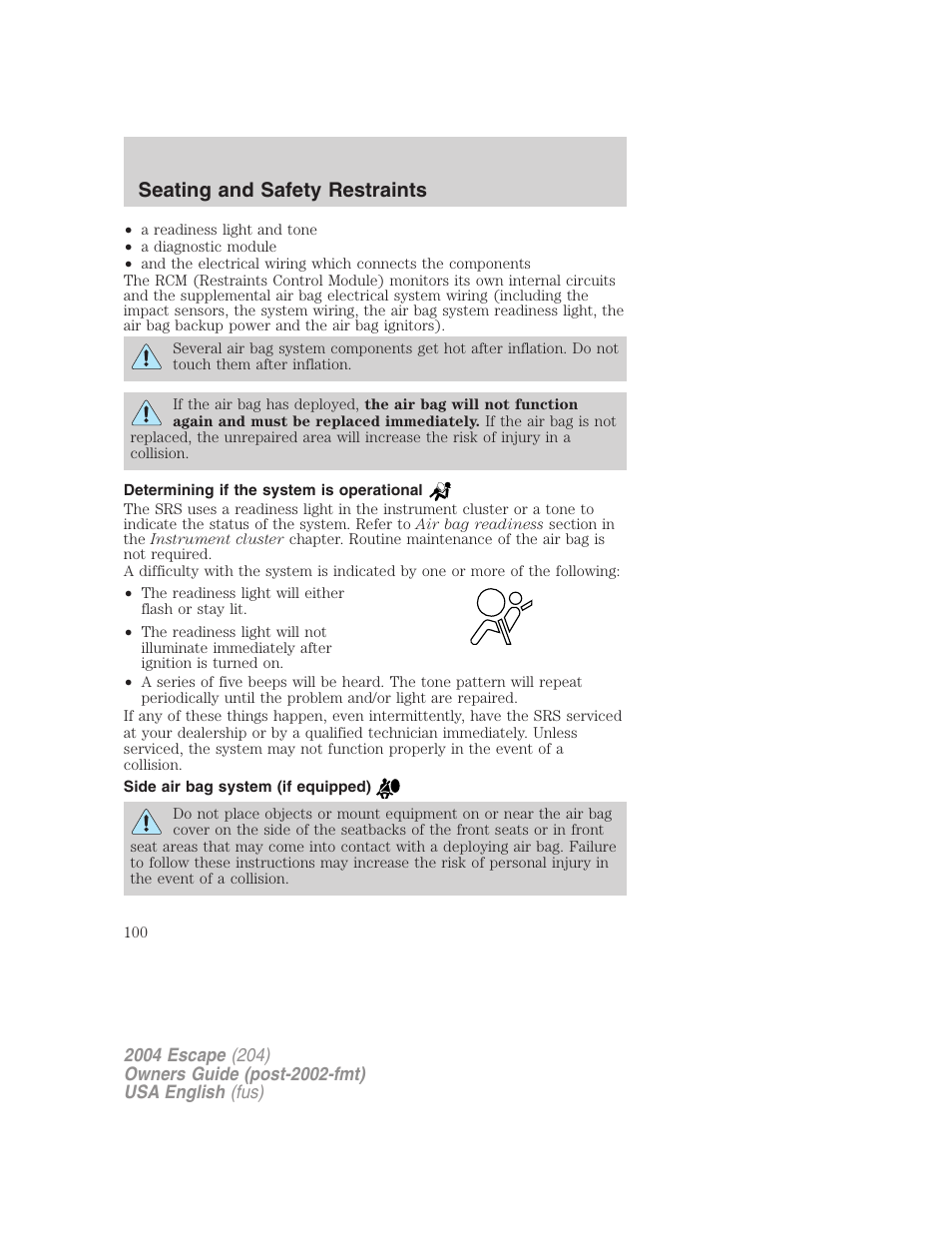 Seating and safety restraints | FORD 2004 Escape v.1 User Manual | Page 100 / 240