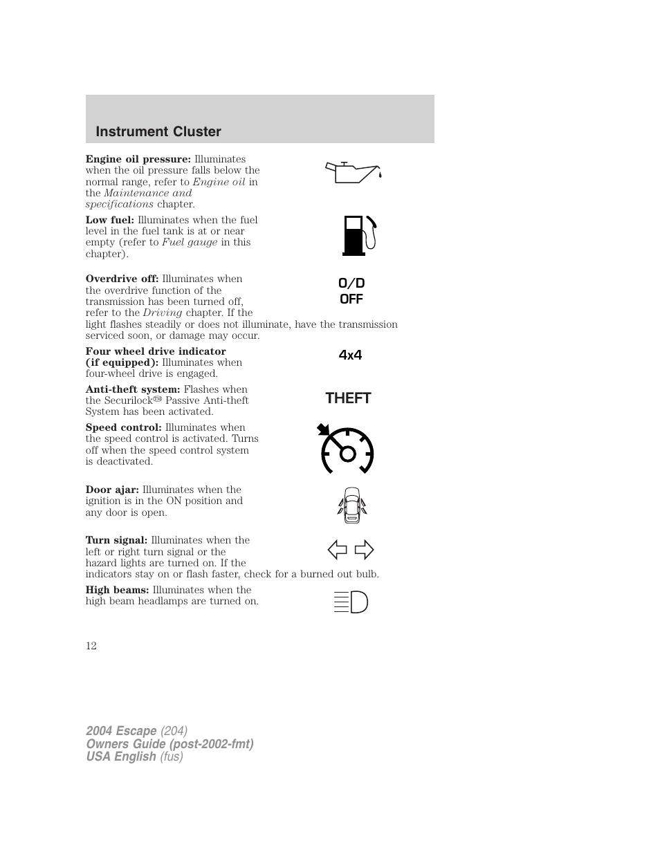 Instrument cluster | FORD 2004 Escape v.1 User Manual | Page 12 / 240