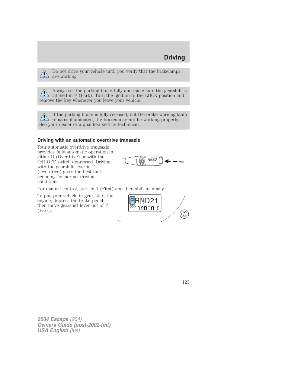 R d 2 1, Driving | FORD 2004 Escape v.1 User Manual | Page 123 / 240