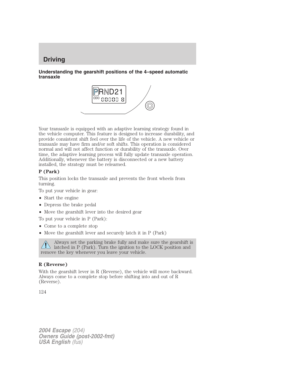 R d 2 1, Driving | FORD 2004 Escape v.1 User Manual | Page 124 / 240