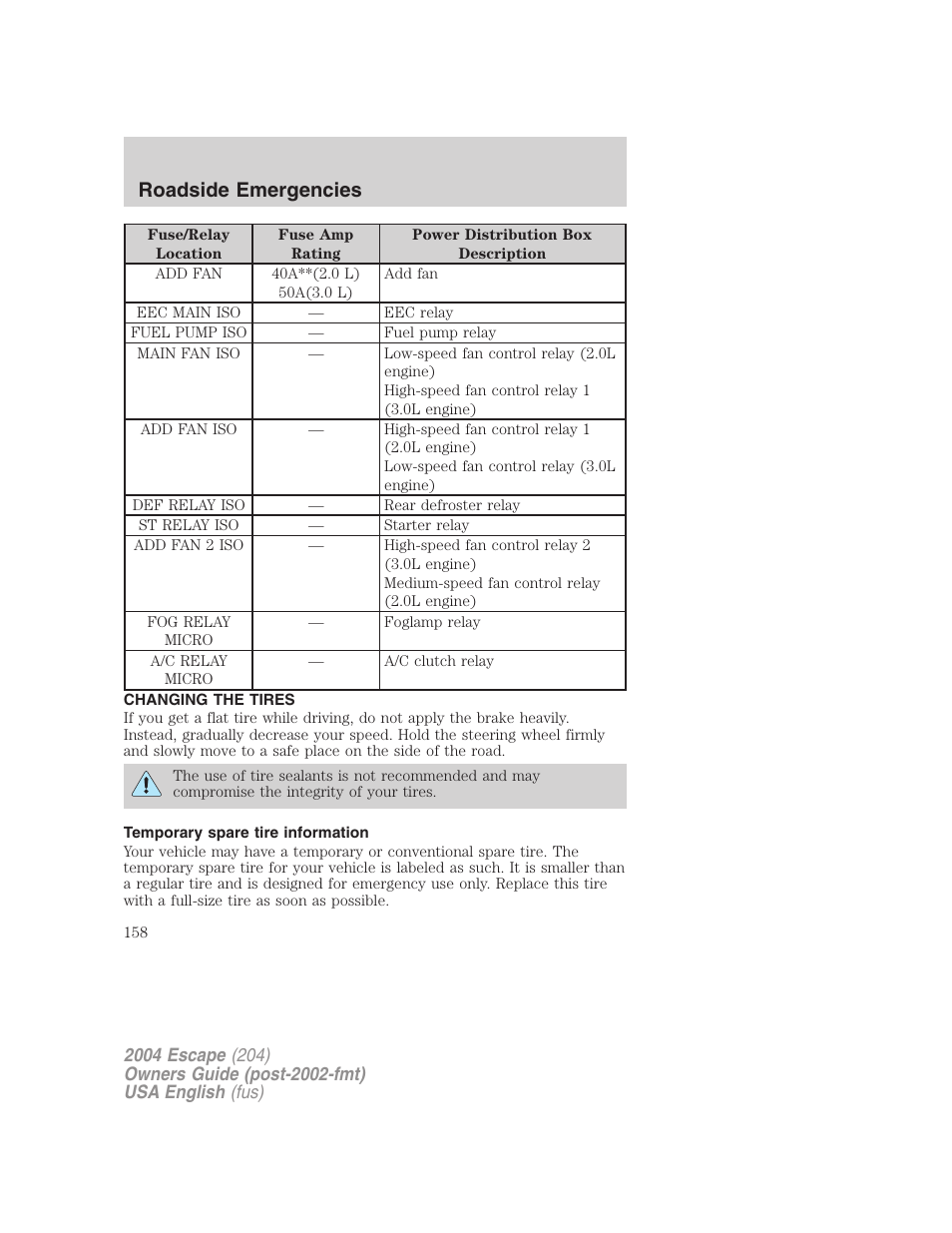 Roadside emergencies | FORD 2004 Escape v.1 User Manual | Page 158 / 240